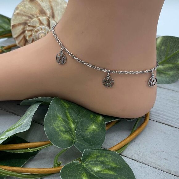 Stainless Steel Anklet With Pentacles Ankle Bracelet - Picture 2 of 3
